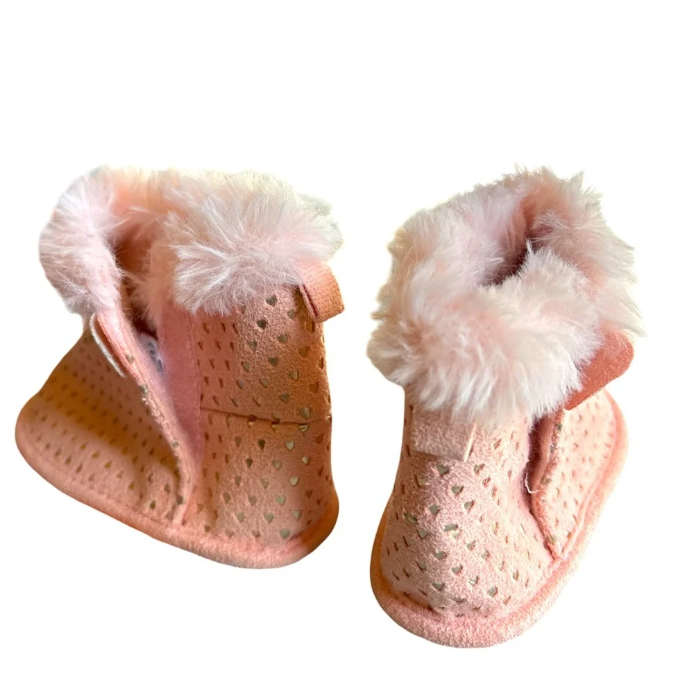 Pink Baby Booties with Sherpa Fur Trim, Size 6-9 Months (3 for $12 item)